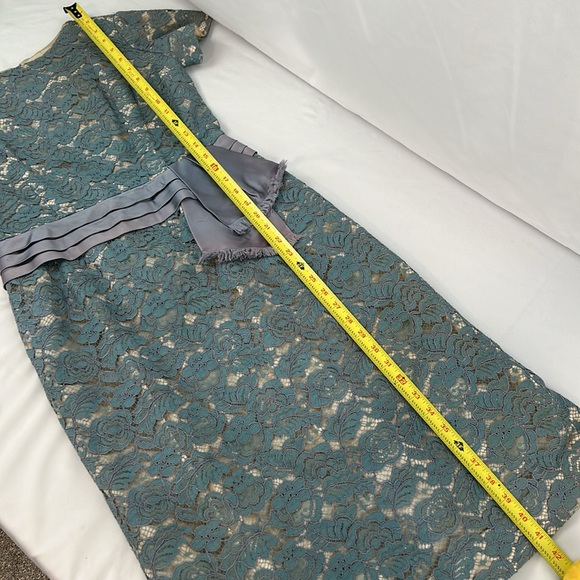 Vintage Handmade Galloon Lace Overlay Midi Dress in Slate Blue with Cream Lining - Picture 10 of 12